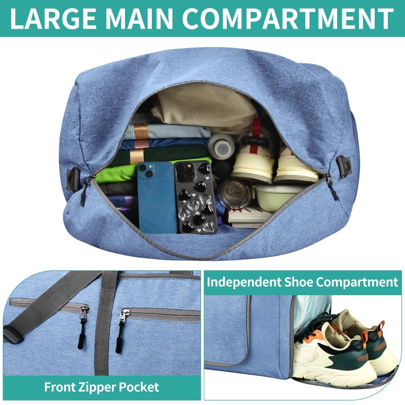 Dimayar 65L Travel Duffle Bag for Men Women - Foldable Duffel Bag with Shoes Compartment - Overnight Bags Waterproof & Tear Resistant(Blue) - Image 4